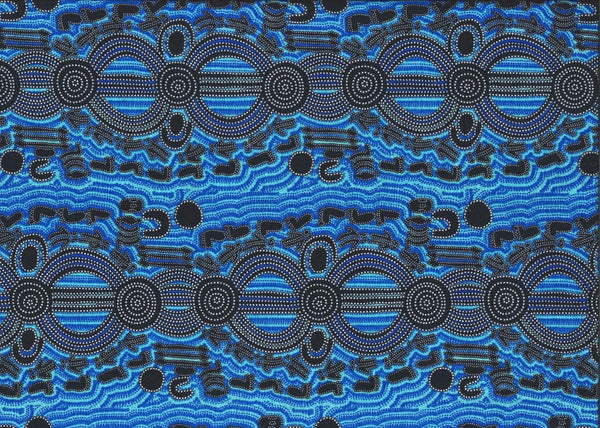 Rock Wallaby Dreaming blue Australian fabric designed by Sandra Wayne is an entertaining design in blues with black accents featuring Rock Wallaby and human footprints in black.
