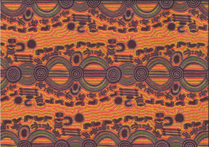 Rock Wallaby Dreaming orange Australian fabric designed by Sandra Wayne is an entertaining design in orange, red and olive, with brown accents featuring Rock Wallaby and human footprints.