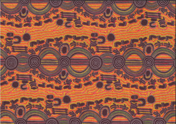 Rock Wallaby Dreaming orange Australian fabric designed by Sandra Wayne is an entertaining design in orange, red and olive, with brown accents featuring Rock Wallaby and human footprints.