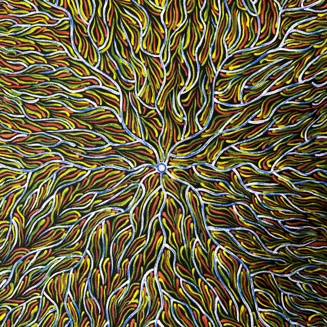 Running Water Dreaming Lemon is an intricate design of fine lines in bluish white, lemon yellow and red on a black background, simulating the rivulets of water splashing from a central waterhole. 
