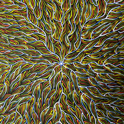 Running Water Dreaming Lemon is an intricate design of fine lines in bluish white, lemon yellow and red on a black background, simulating the rivulets of water splashing from a central waterhole. 