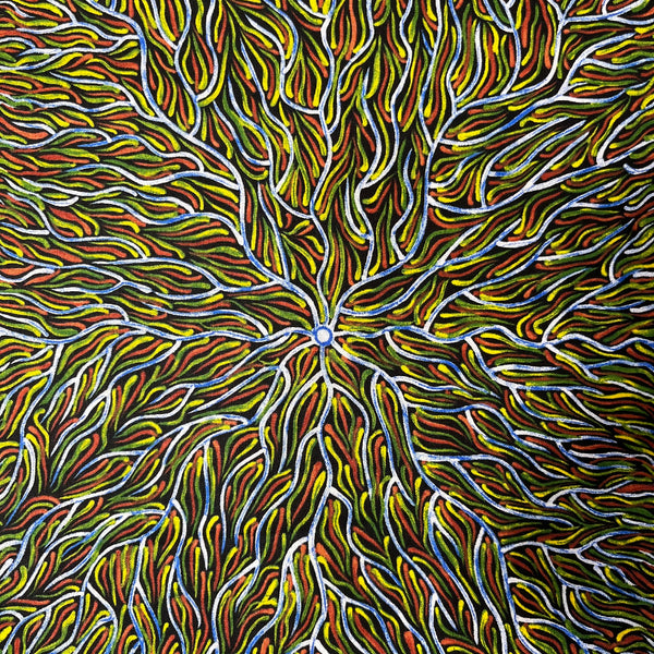 Running Water Dreaming Lemon is an intricate design of fine lines in bluish white, lemon yellow and red on a black background, simulating the rivulets of water splashing from a central waterhole. 