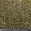 Running Water Dreaming Lemon is an intricate design of fine lines in bluish white, lemon yellow and red on a black background, simulating the rivulets of water splashing from a central waterhole. 