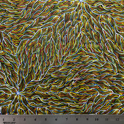 Running Water Dreaming Lemon is an intricate design of fine lines in bluish white, lemon yellow and red on a black background, simulating the rivulets of water splashing from a central waterhole. 