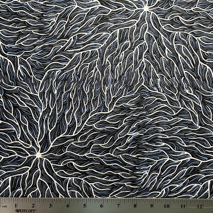 Running Water Dreaming grey is an intricate design of fine lines in white, grey and purplish grey on a black background, simulating the rivulets of water splashing from a central waterhole.