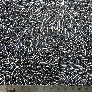 Running Water Dreaming grey is an intricate design of fine lines in white, grey and purplish grey on a black background, simulating the rivulets of water splashing from a central waterhole.