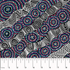 A textile design featuring abstract geometric patterns with black, blue, and pink colors, with a ruler at the bottom for scale.