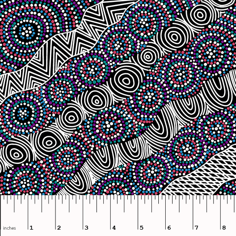 A textile design featuring abstract geometric patterns with black, blue, and pink colors, with a ruler at the bottom for scale.