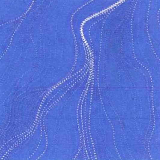 A close-up of a periwinkle fabric  with a wavy dotted pattern in white and light blue.