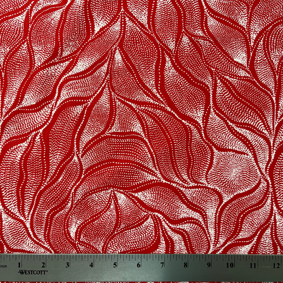 Sandhill and Waterhole Red is a striking design by Aboriginal artist Anna Pitjara, featuring intricate white motifs on a lovely red background.