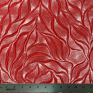 Sandhill and Waterhole Red is a striking design by Aboriginal artist Anna Pitjara, featuring intricate white motifs on a lovely red background.
