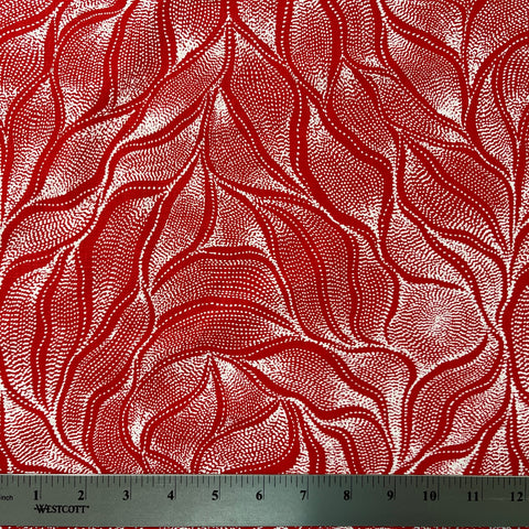 Sandhill and Waterhole Red is a striking design by Aboriginal artist Anna Pitjara, featuring intricate white motifs on a lovely red background.