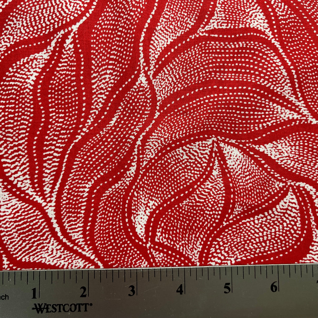 Sandhill and Waterhole Red is a striking design by Aboriginal artist Anna Pitjara, featuring intricate white motifs on a lovely red background.