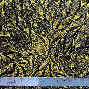 Sandhill and Waterhole Gold&nbsp;is a striking design by Aboriginal artist Anna Pitjara, featuring intricate golden yellow motifs on a deep black background.