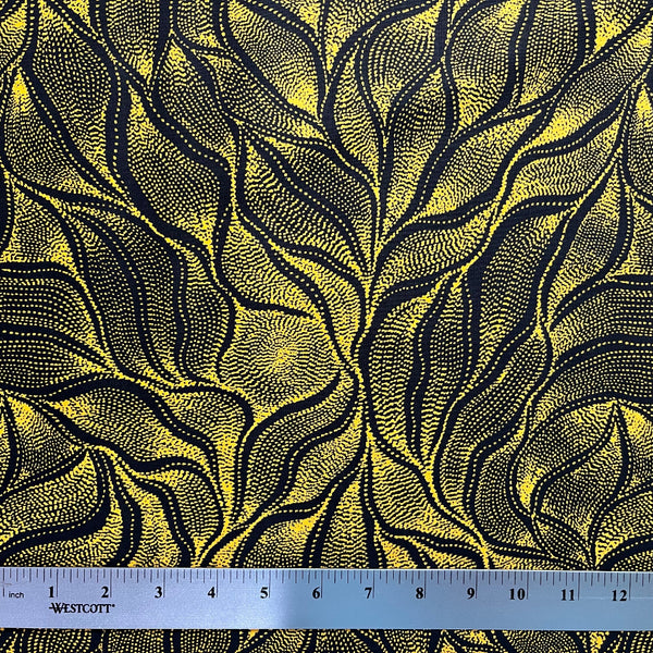 Sandhill and Waterhole Gold&nbsp;is a striking design by Aboriginal artist Anna Pitjara, featuring intricate golden yellow motifs on a deep black background.