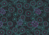 Sea Dreaming emerald aboriginal fabric by Australian artist Heather Kennedy is a delightful design of baby turtles in emerald and purple on a very dark background, with round intricate (sand dollar?) shapes in glowing emerald thrown in for fun. 