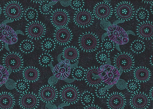 Sea Dreaming emerald aboriginal fabric by Australian artist Heather Kennedy is a delightful design of baby turtles in emerald and purple on a very dark background, with round intricate (sand dollar?) shapes in glowing emerald thrown in for fun. 