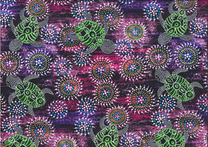 Sea Dreaming purple aboriginal fabric by Australian artist Heather Kennedy is a delightful design of baby turtles in lime green and white on a purple background, with round intricate (sand dollar?) shapes in glowing pink and blue thrown in for fun. 