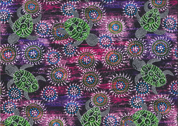 Sea Dreaming purple aboriginal fabric by Australian artist Heather Kennedy is a delightful design of baby turtles in lime green and white on a purple background, with round intricate (sand dollar?) shapes in glowing pink and blue thrown in for fun. 