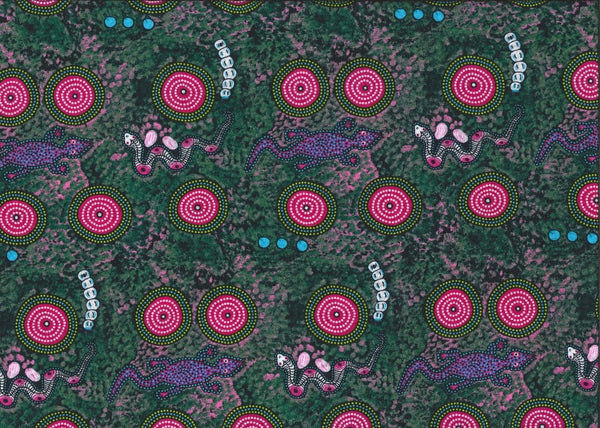 Snake Goanna Bush Tucker blue Australian fabric by Wally Evans is a quirky design, featuring goannas, snakes, berries and grubs in blues and vibrant pink on a greenish-grey and pink background, with lime green and pink circles (water holes?) completing the picture. 