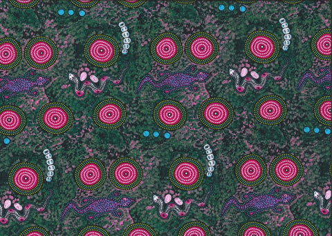 Snake Goanna Bush Tucker blue Australian fabric by Wally Evans is a quirky design, featuring goannas, snakes, berries and grubs in blues and vibrant pink on a greenish-grey and pink background, with lime green and pink circles (water holes?) completing the picture. 