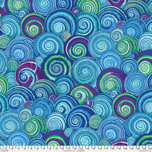 Spiral Shells in pretty shades of blue, with green and purple accents, a rather large scale print. 