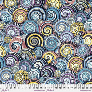 Spiral Shells in soft shades of dusty blue, pink, yellow and purple, a rather large scale print. 