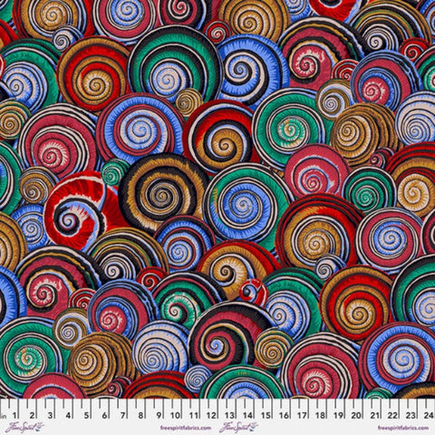 Spiral Shells in rich shades of red, blue, green and deep tans, a rather large scale print.