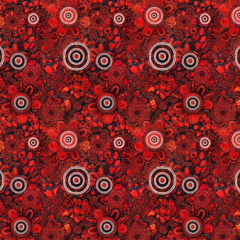 Red Flowers is a brilliant print in warm reds and oranges with white an black accents, created by Chern'ee Sutton.