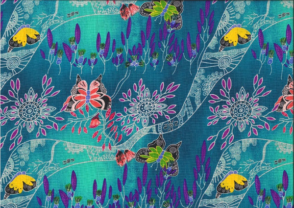 Springtime Family Gathering emerald Australian fabric by Heather Kennedy is a delightful design, featuring flowers in pink and purples as well as colorful butterflies on a background that varies from emerald to turquoise. 
