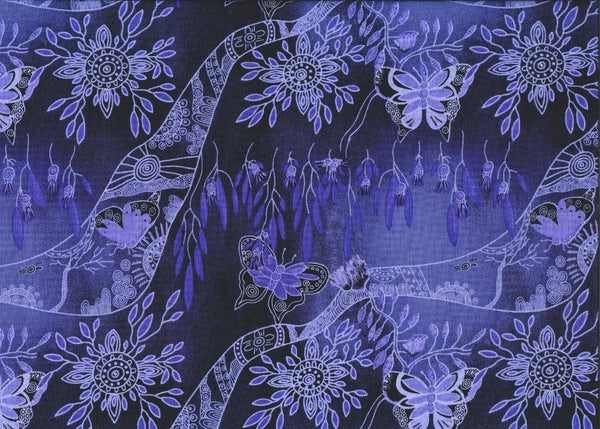Springtime Family Gathering emerald Australian fabric by Heather Kennedy is a delightful design, featuring flowers and butterflies outlined in white, in every imaginable shade of purple, from the lightest to the almost black, on a background that is also purple and evokes a scene lit by the moon.