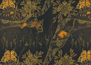 Springtime Family Gathering emerald Australian fabric by Heather Kennedy is a delightful design, featuring flowers and butterflies outlined in light tan, in every imaginable shade of tan and brown, from the lightest to the almost black, on a background that is dark brown and evokes a scene lit by the moon.