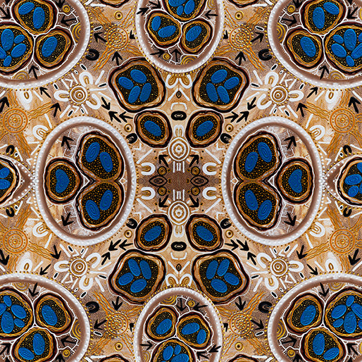 Stone Emu Nest Dreaming by the aboriginal Australian artist Chern'ee Sutton is a design in tan, brown and blue on a sand colored background, printed on 100% high quality cotton that runs 43" wide. 
