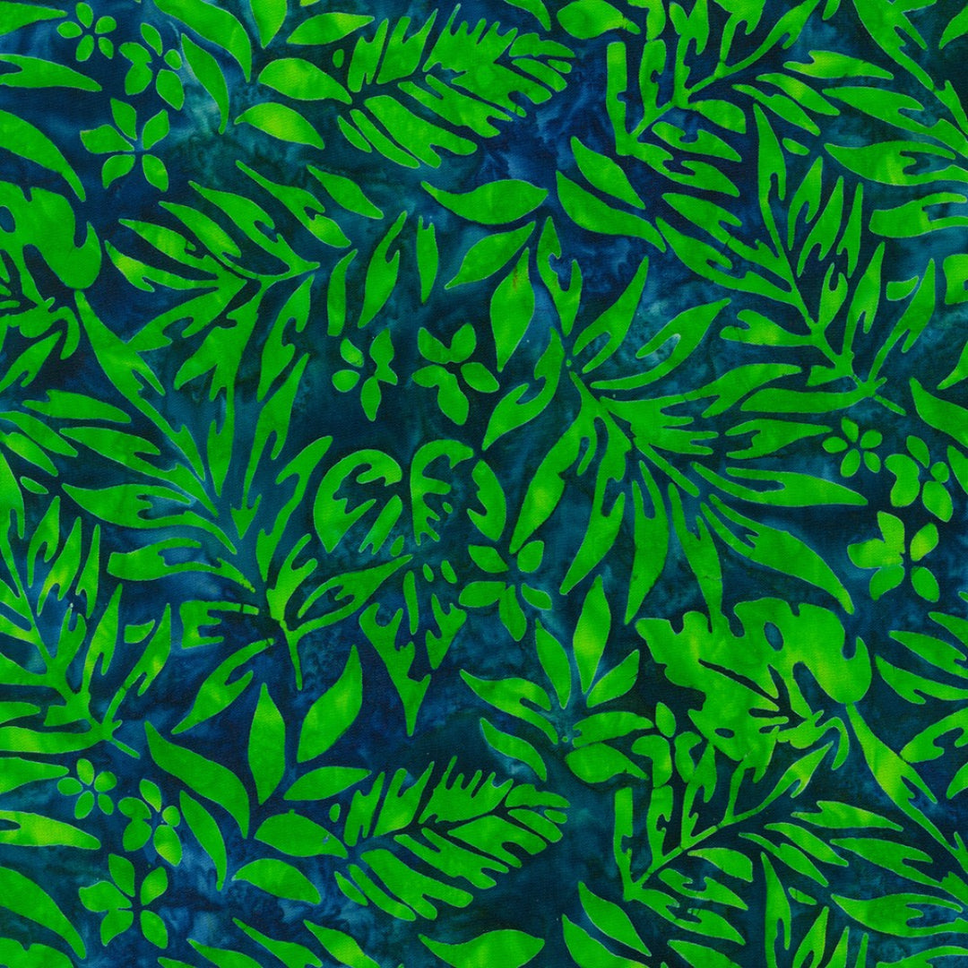 Pattern of green leaves on a blue background