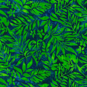 Pattern of green leaves on a blue background