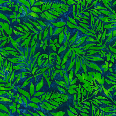 Pattern of green leaves on a blue background