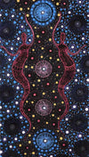 A square Aboriginal-style dot painting artwork featuring two stylized human figures in pink/red lines against a dark black background filled with blue, yellow, white, and pink circular dot patterns.