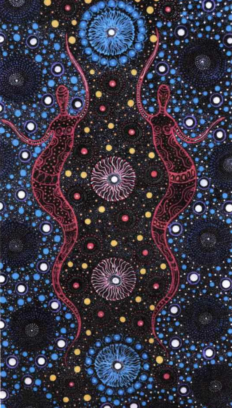 A square Aboriginal-style dot painting artwork featuring two stylized human figures in pink/red lines against a dark black background filled with blue, yellow, white, and pink circular dot patterns.