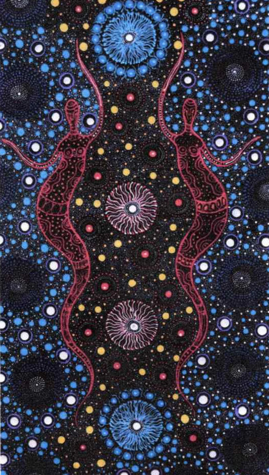 A square Aboriginal-style dot painting artwork featuring two stylized human figures in pink/red lines against a dark black background filled with blue, yellow, white, and pink circular dot patterns.