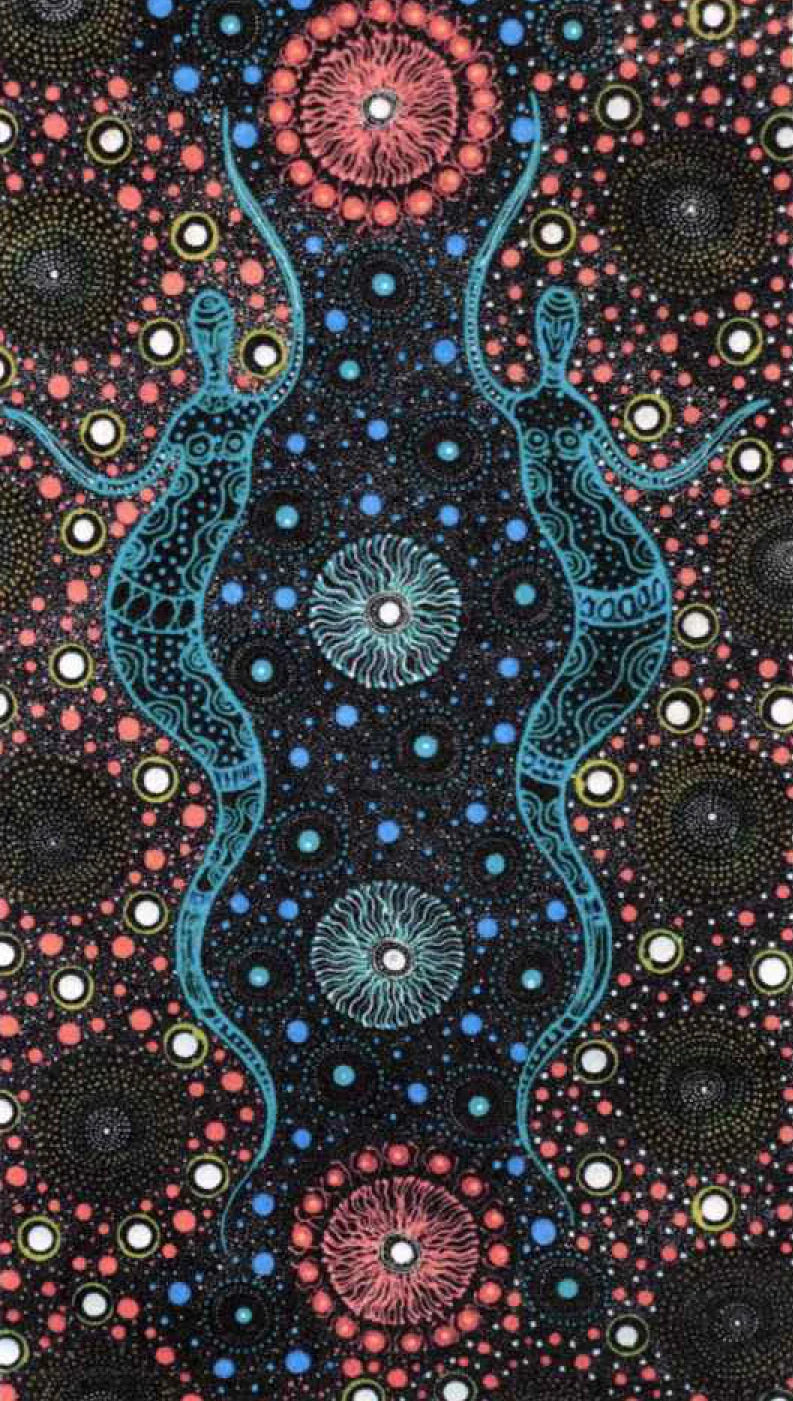 Two Sisters Collecting Bush Tucker aqua - designed by Marlene Doolan, Aboriginal Artist