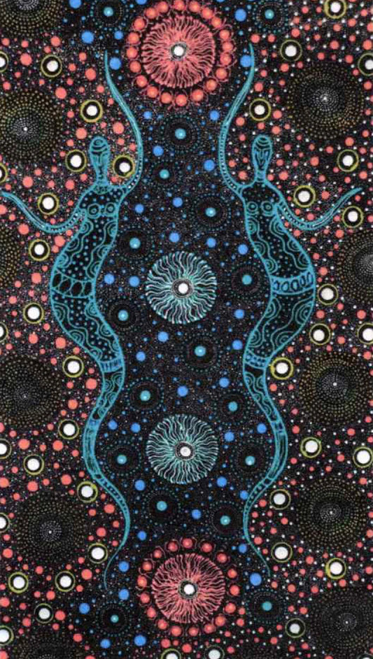 Two Sisters Collecting Bush Tucker aqua - designed by Marlene Doolan, Aboriginal Artist