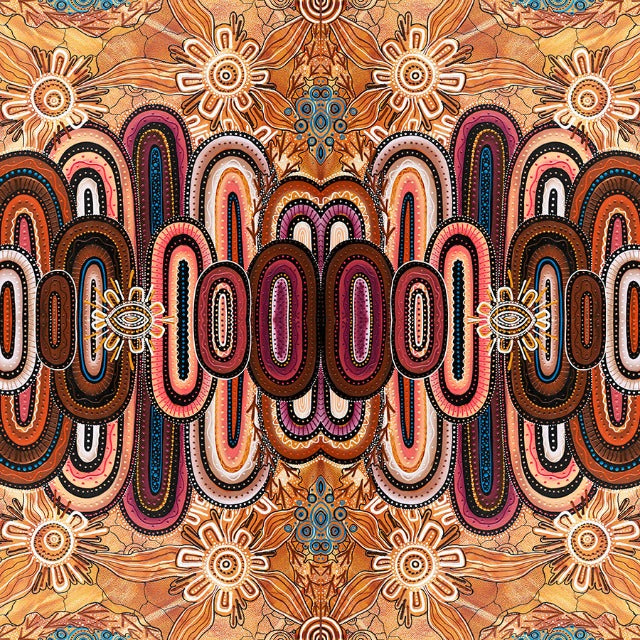 U Mountains is a design by the Aboriginal Artist Jesse Sutton, representing the mountains in his ancestral home in browns, reds and oranges with a healthy helping of sand colors.