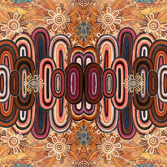 U Mountains is a design by the Aboriginal Artist Jesse Sutton, representing the mountains in his ancestral home in browns, reds and oranges with a healthy helping of sand colors.