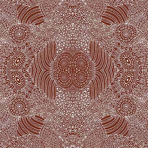 Waterhole Black Australian Aboriginal fabric by Anna Pitjara gives an almost aerial view of Salts Lakes, Waterhole and surrounding country in a neat white design on brown background. 