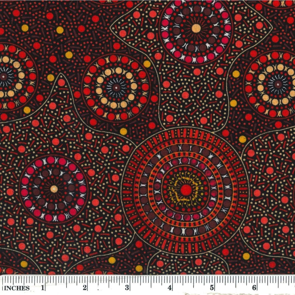 Waterhole &amp; Riverbed, flame orange, by Cathy Turner is a geometric design of concentric circles in red and smoky orange dots on a black background.