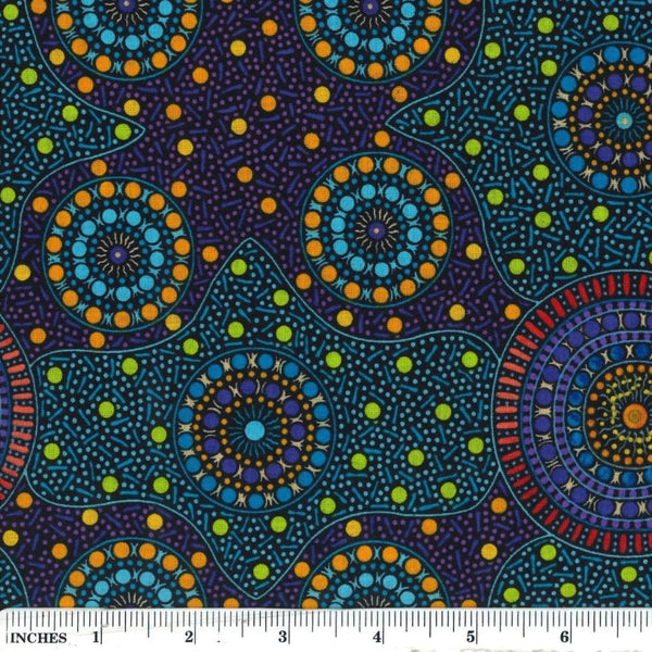 Waterhole & Riverbed, purple, by Cathy Turner is a geometric design of concentric circles in blue and orange dots on a purple and green background.