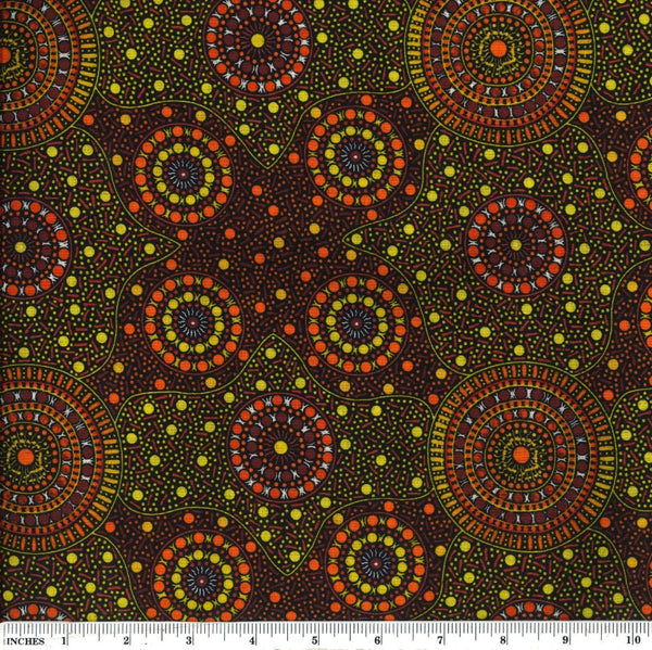 Waterhole & Riverbed, yellow, by Cathy Turner is a geometric design of concentric circles in brown and orange dots on a yellow and orange background.