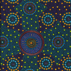 Waterhole &amp; Riverbed, purple, by Cathy Turner is a geometric design of concentric circles in blue and orange dots on a purple and green background.