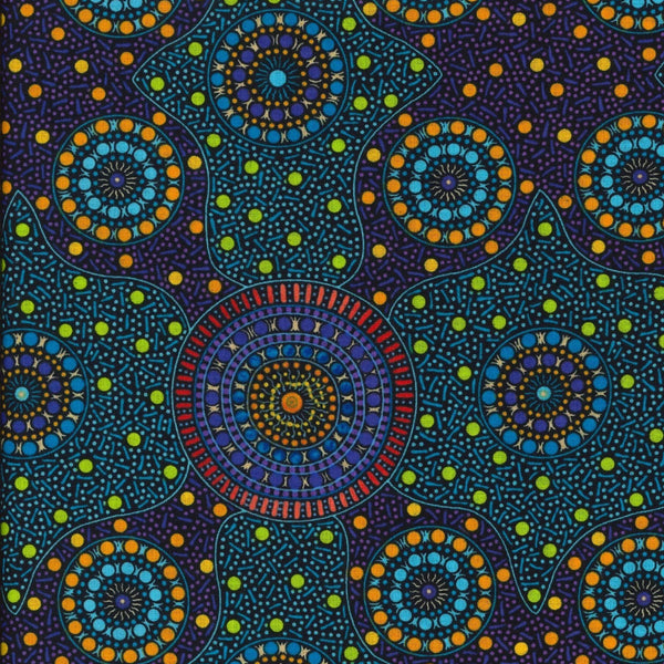 Waterhole &amp; Riverbed, purple, by Cathy Turner is a geometric design of concentric circles in blue and orange dots on a purple and green background.