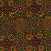 Waterhole & Riverbed, yellow, by Cathy Turner is a geometric design of concentric circles in brown and orange dots on a yellow and orange background.
